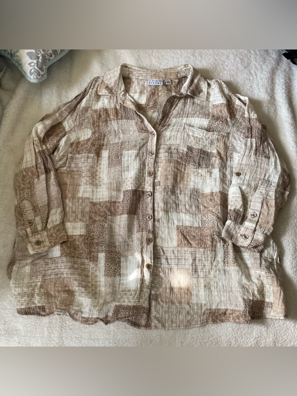 Joan Rivers Patchwork Plaid Cotton Tunic Shirt Tan Size 1XP